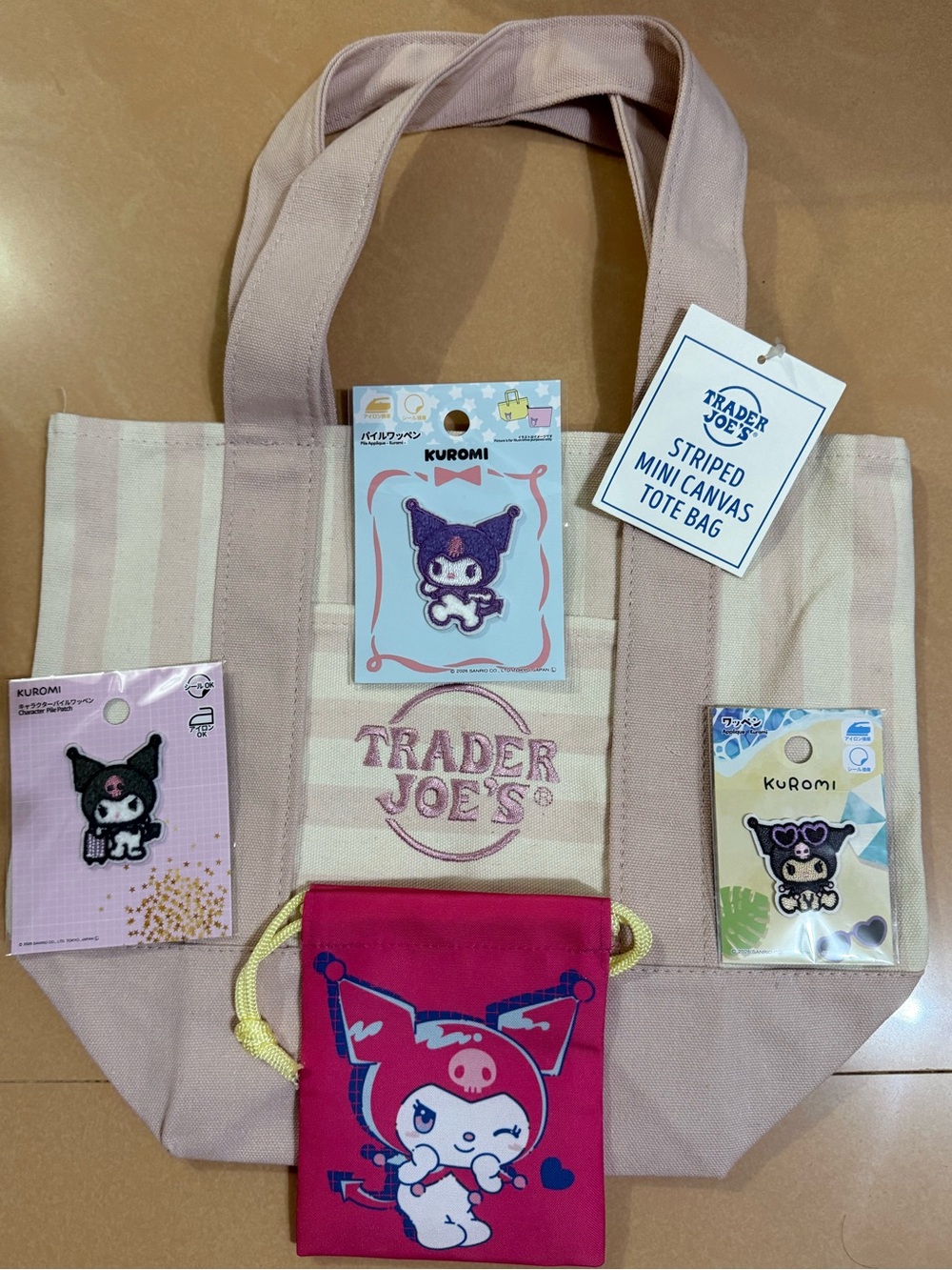 Trader Joe's Striped Mini Canvas Tote Bag - Light Pink & Cream, Kuromi Patches